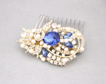 Silver Rhinestone Bridal Hair Comb with Indicolite Blue Crystals, Navy Wedding Headpiece Bridal hair clip Gold veil comb Navy blue hair comb