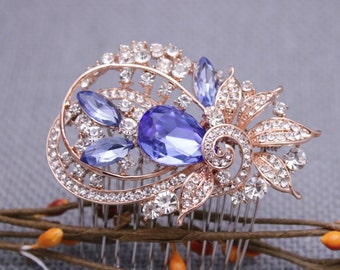 Blue Hair Accessories Wedding Crystal Hair Piece Wedding Hair Accessories for Bun Rose Gold Hair Wedding hair comb Navy blue Wedding comb