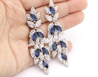 bridal jewelry earrings gold Navy blue Wedding earrings Rose gold Crystal earrings Sapphire rhinestone earrings Bridal Silver earrings Boho