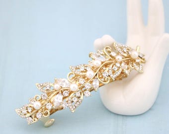 Pearl Crystal Bridal Hair Pieces Wedding Hair Accessories for Bun Rose Gold Bridal Headpieces Wedding barrette veil clip Bridla earring boho