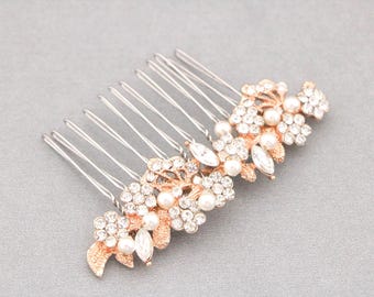 Rose Gold Rhinestone Bridal Hair Comb Leaf & Pearl Wedding Piece Wedding hair clip Bridal hair accessories Gold veil comb Wedding comb Pearl