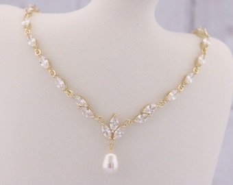 Gold Crystal Necklace Pearl and Crystal Bridal Necklace Gold Crystal Necklace Bridesmaid Necklace Pearl drop CZ Wedding necklace earrings