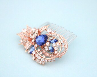 Sapphire Wedding hair comb Blue hair accessories for bun Gold veil comb Wedding hair jewelry Rose gold Bridal hair comb Navy blue hair comb