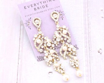 Pearl and Gold Rhinestone Bridal Chandelier Earrings Pearl drop Wedding earrings Rhinestone earrings Crystal earrings Rose gold earrings