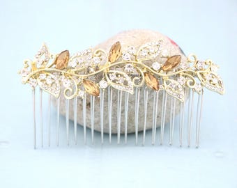 Light Smoked Topaz Crystal hair comb Gold Wedding headpiece Rhinestone Wedding hair comb Navy blue Bridal hair comb Light Sapphire hair comb