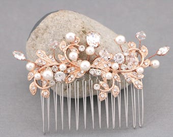 wedding hair piece pearl hair pins Wedding hair accessories for bun Rose gold Bridal hair comb Wedding hair jewelry Bridal headpiece Gold