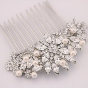 Pearl drop Wedding earrings with hair comb set Silver Wedding hair comb Side bridal headpiece Bridal earrings Crystal Bridal hair comb Side image 5