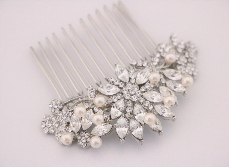 Pearl drop Wedding earrings with hair comb set Silver Wedding hair comb Side bridal headpiece Bridal earrings Crystal Bridal hair comb Side image 5