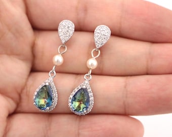 Swarovski pearl drop Bridal earrings: Blue Wedding earrings Crystal earrings Bridesmaid earrings ivory pearl earrings CZ Bridal jewelry Blue