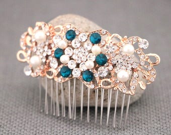 Rose gold Wedding hair comb Pearl and Crystal hair comb Wedding hair accessories Blue Wedding comb Navy blue Bridal hair clip Wedding comb