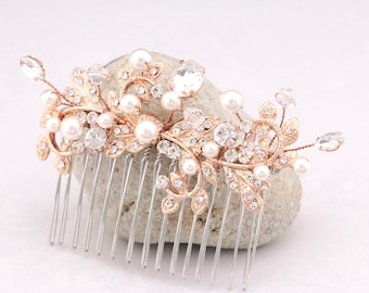 Rose gold Pearl Rhinestone Bridal Hair Comb, Silver Wedding Hair Piece Bridal hair pins Gold Wedding hair comb Bridal hair clip Wedding comb