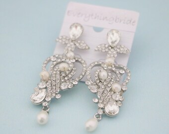 wedding earrings pearl gold Crystal earrings Longe Bridal earring Fresh water pearl earrings ivory pearl earrings wedding chandelier earring