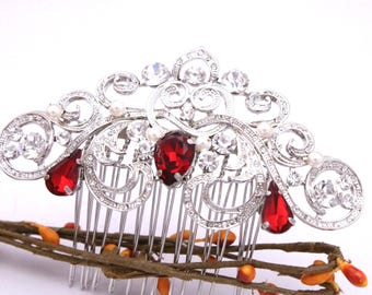 Red Crystal Bridal Hair Comb, Rhinestone Wedding Hair Jewelry Silver Wedding hair clip Bridal hair accessories Wedding hair piece Navy blue
