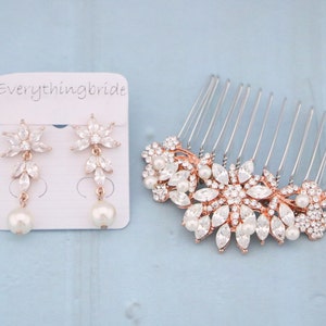 pearl wedding hair accessories bridal side headpiece Rose gold Wedding hair comb Pearl drop Bridal earrings Wedding hair jewelry Bridal comb