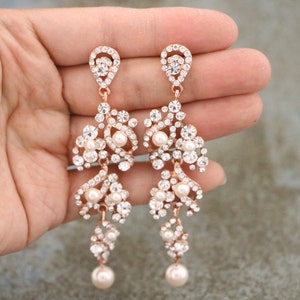 Long Wedding Earrings Rose Gold pearl chandelier earrings Pearl drop Bridal earrings for mother of bride wedding chandelier earrings Bridal