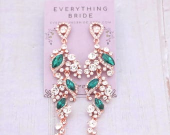 Green Wedding earrings Rose gold Crystal earrings Rhinestone earrings Navy blue Bridal earrings Gold Eearrings Bridal jewelry earrings Boho