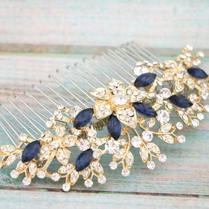Gold Floral Hair Comb Blue Hair Accessories bridal hair piece for veil bridal comb hairpiece rose gold Navy blue hair comb Sapphire haircomb