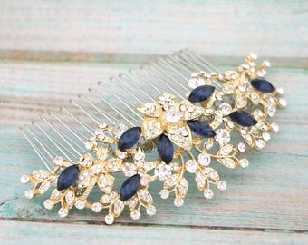 Gold Floral Hair Comb Blue Hair Accessories bridal hair piece for veil bridal comb hairpiece rose gold Navy blue hair comb Sapphire haircomb