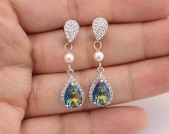 Silver Wedding earrings Something blue Bridal jewelry earrings Swarovski pearl earrings CZ Bridal earrings Green Wedding jewelry earrings