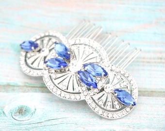 Gold Floral Bridal Hair Comb: Sapphire Rhinestone Hairpiece Rose gold Bridal hair clip White opal Wedding hair comb Navy blue hair comb Side