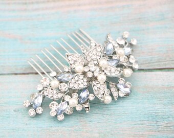 bridal comb hairpiece floral bridal veil comb bridal rhinestone crystal comb Navy blue Wedding hair comb Blue Wedding comb Side hair comb