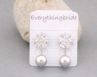bridal earrings drop pearl Silver Bridesmaid earrings Gold  Grey pearl earrings Rose gold Wedding earrings CZ Earrings Wedding jewelry Boho