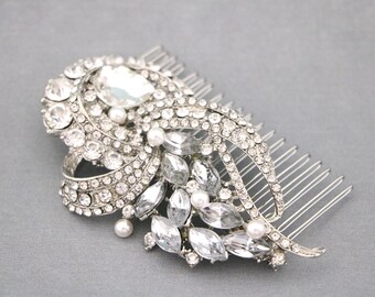 Flower and Leaf Hair Comb bridal side headpiece wedding hair piece pearl hair accessories for bun Silver Wedding hair comb updo Boho hairpin