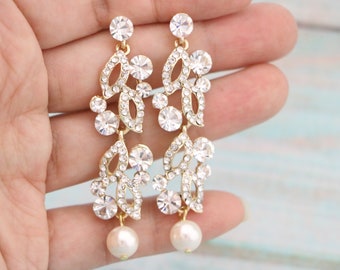 Long Wedding earrings Gold Bridal pearl earrings Rose gold Crystal earrings Rhinestone earrings Bridal earrings Wedding jewelry earrings
