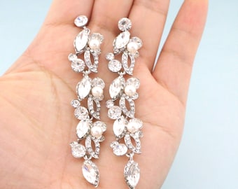 Ivory pearl earrings Long Wedding earrings jewelry Gold Rhinestone earrings Rose gold Crystal earrings Wedding jewelry earrings White pearl