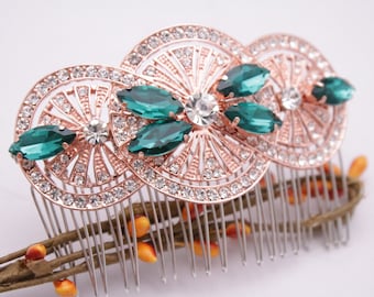 Blue hair accessories Wedding hair comb Rose gold Wedding comb Blue headpiece Emerald Crystal hair comb Rhinestone Bridal hair comb Gold