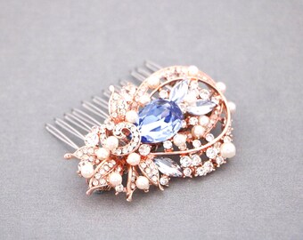 Light Sapphire Crystal hair comb Rose gold Wedding hair comb Pearl and Crystal hair comb Wedding hair jewelry Bridal hair comb Navy blue