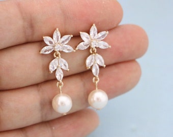 wedding earrings dangle Long Pearls Earrings bridal earrings drop pearl Silver Crystal earrings Gold CZ earrings bridal jewelry earrings