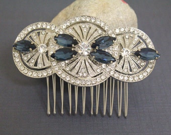 Peine de pelo de diamantes de imitación de novia de estilo vintage, peine de pelo de boda de estilo Art Deco, peine de novia de cristal, peine de pelo de dama de honor, pinza de pelo de novia azul