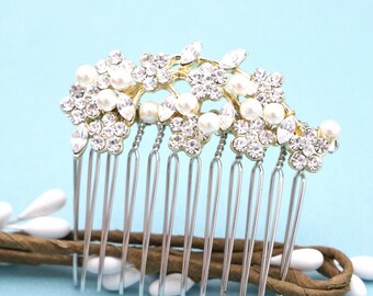 Gold Pearl Wedding Hair Comb, Crystal Flower Bridal Hairpiece Side bridal comb Rose gold Wedding hair clip Silver Bridal hair comb Wedding
