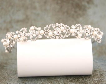 Silver Wedding headband Pearl tiara Gold Bridal headband Rhinestone