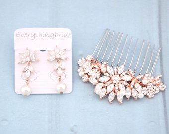Wedding hair piece with pearl drop Wedding earring Side Bridal headpiece Wedding hair comb Gold veil comb Rose gold Bridal hair comb earring