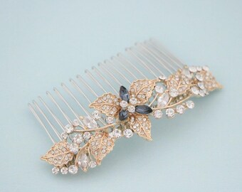 rose gold rhinestone hair comb sparkle hair comb Blue Hair Accessories Navy blue Wedding hair comb Rhinestone blue comb Gold Bridal haircomb