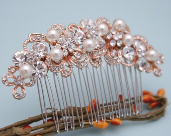 side bridal headpiece rose gold rhinestone hair comb wedding hair comb gold veil comb Pearl drop Wedding earrings Bridal hair piece Wedding