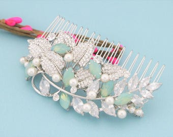 blue bridal comb emerald hair clip wedding hair comb blue silver Bridal hair accessories for bun Wedding blue comb Bridal haircomb updo Side