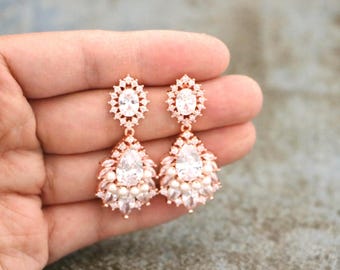 wedding earrings for brides floral wedding chandelier earrings Rose gold Bridal earrings Crystal earrings Rhinestone earrings Bridal jewelry
