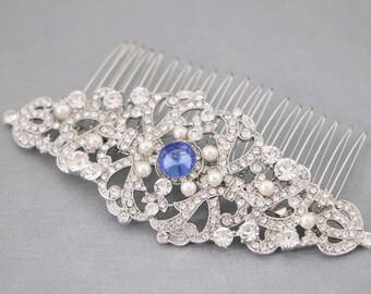 Blue Hair Accessories bridal side headpiece large bridal hair comb Silver Wedding hair comb Navy blue Wedding comb Sapphire Rhinestone comb