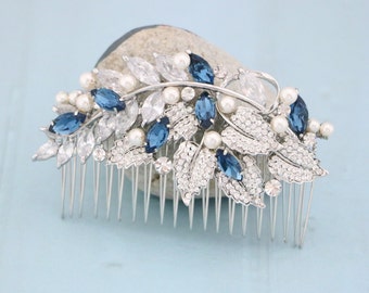 Bridal Hair Piece for Bun Blue Hair Accessories Montana Crystal hair comb Wedding hair jewelry Silver Navy blue hair comb Wedding comb Boho