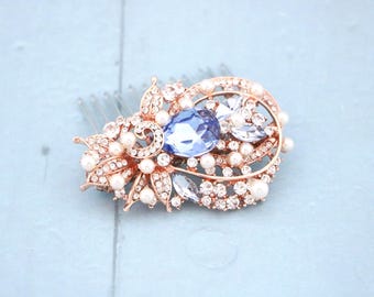 Rose gold Wedding hair comb Pearl side comb Bridal hair jewelry Navy blue Wedding comb Gold veil comb Blue hair jewelry Rhinestone Bridal