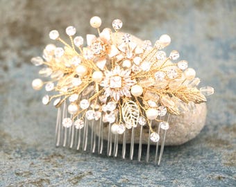 Rhinestone Pearl Wedding Hair Comb Silver Bridal Headpiece Gold veil comb Boho hair piece Wedding hair clip Rose gold hair comb Crystal comb