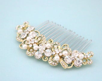 Gold Wedding hair piece with Pearl drop Wedding earrings Pearl Wedding comb Rhinestone Btridal hair jewelry Wedding hair accessories for bun