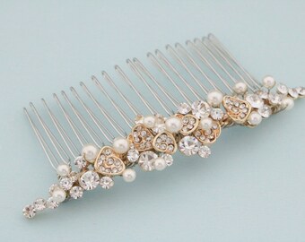 Bridal hair piece with pearl drop Wedding earrings Gold veil comb Rhinestone Wedding hair comb Bridal hair accessories headpiece Wedding