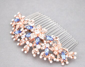 Light Sapphire Crystal Bridal Hair Comb, Rose Gold Wedding Jewelry Gold Wedding hair clip Bridal hair piece Wedding hair comb Navy blue comb