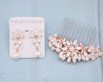 Vintage style Wedding hair comb and Pearl drop Wedding earrings Rose gold Bridal hair comb Gold veil comb Bridal earrings set CZ earrings