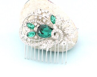 Rhinestone Bridal Hair Comb: Silver Tone, Emerald Crystal hair comb Navy blue Bridal hair clip Rose gold Wedding comb Sapphire Bridal comb