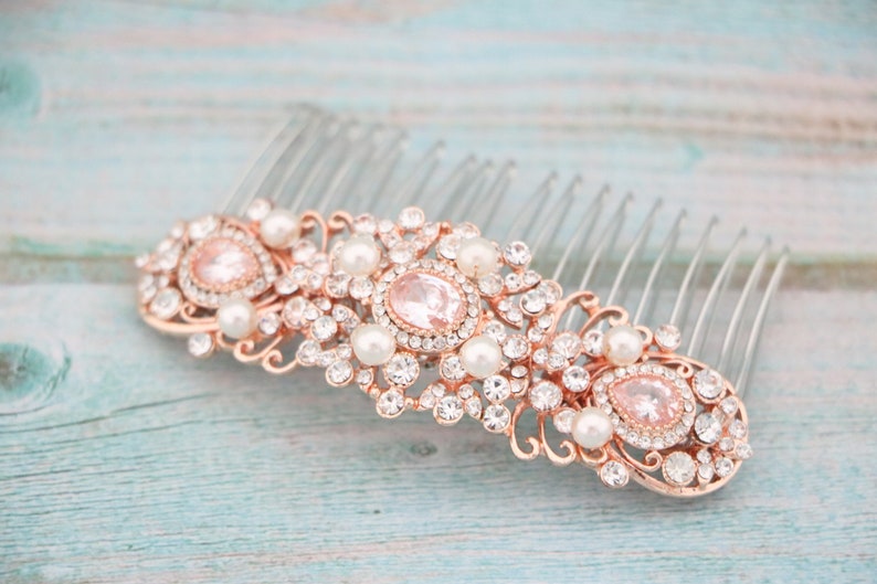 rose gold rhinestone hair comb side bridal headpiece Wedding veil clip Bridal hair comb Pearl Wedding hair comb Bridal hair barrette Crystal